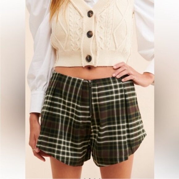 Free People Mayfair Pleated Plaid Shorts NWOT